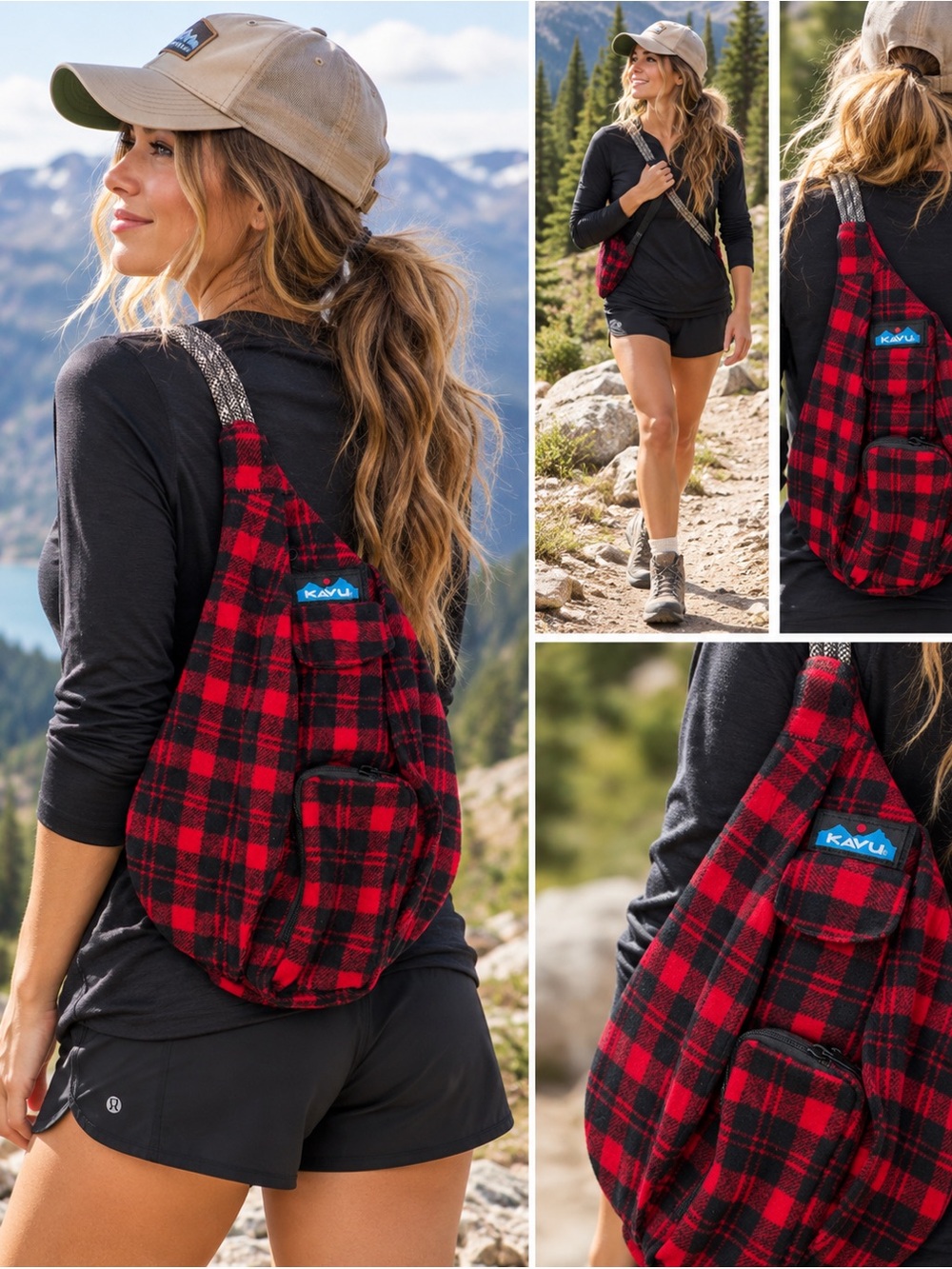 KAVU Mini Rope Sling Red Black Buffalo Plaid Fleece Bag Backpack Flannel NWOT